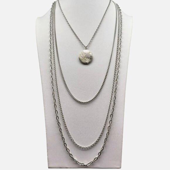 Vintage Layered Silver-Tone Triple Strand Locket Necklace 18" Chain & 1" Pendant - Picture 1 of 7